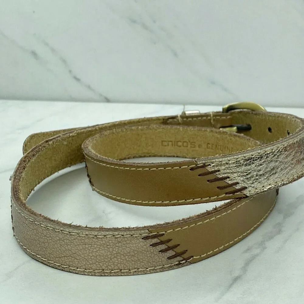 Chico's Metallic Patchwork Genuine Leather Skinny Belt Gold Buckle Small (S) ✨